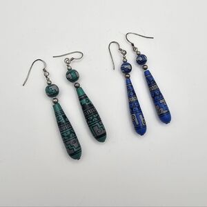 Peruvian Hand Painted Tear Drop Aztec Blue Green Earrings Includes Both Pair